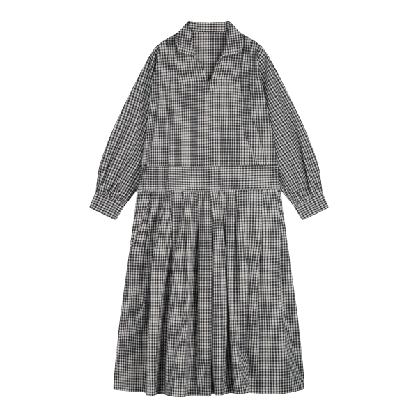 Gingham Check Pleats Dress (Navy)
